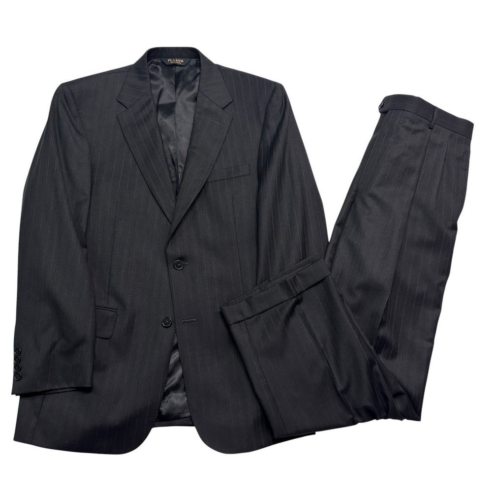 Jos A Bank 40R 34x30 Charcoal Stripe 2pc Pant Suit Signature Gold Pleated Cuff
